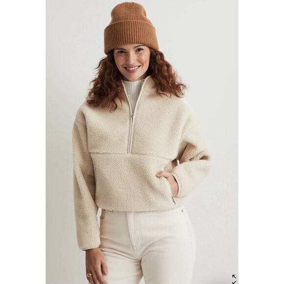 NWT Madewell Faux Shearling Half-Zip Pullover in Ecru size S - Picture 1 of 14